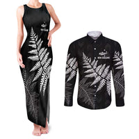 New Zealand Lawn Bowls Personalized Couples Matching Tank Maxi Dress and Long Sleeve Button Shirt Wrap-Around Silver Fern LT7 Black - Polynesian Pride