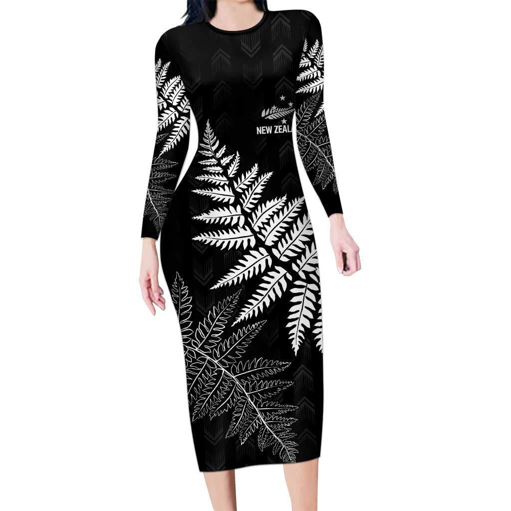New Zealand Lawn Bowls Personalized Family Matching Long Sleeve Bodycon Dress and Hawaiian Shirt Wrap-Around Silver Fern LT7 Mom's Dress Black - Polynesian Pride