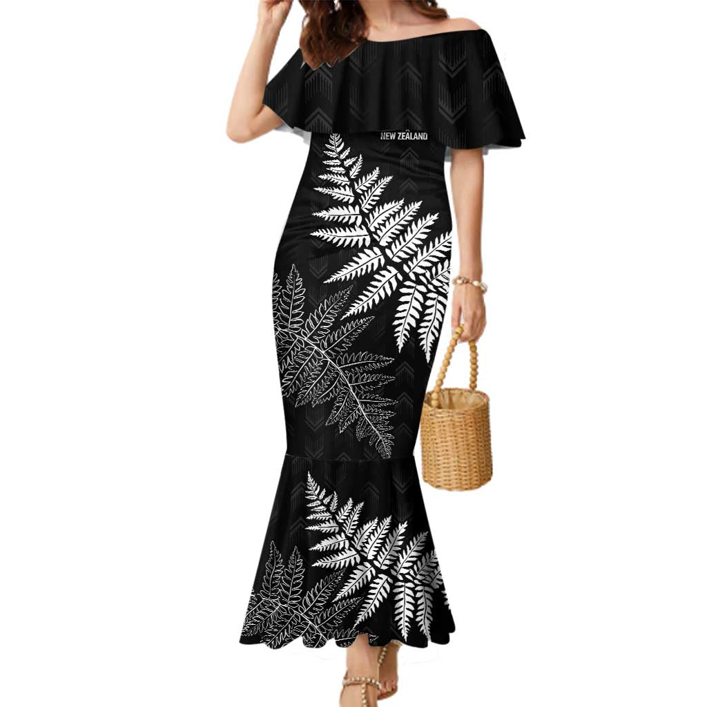 New Zealand Lawn Bowls Personalized Family Matching Mermaid Dress and Hawaiian Shirt Wrap-Around Silver Fern LT7 Mom's Dress Black - Polynesian Pride