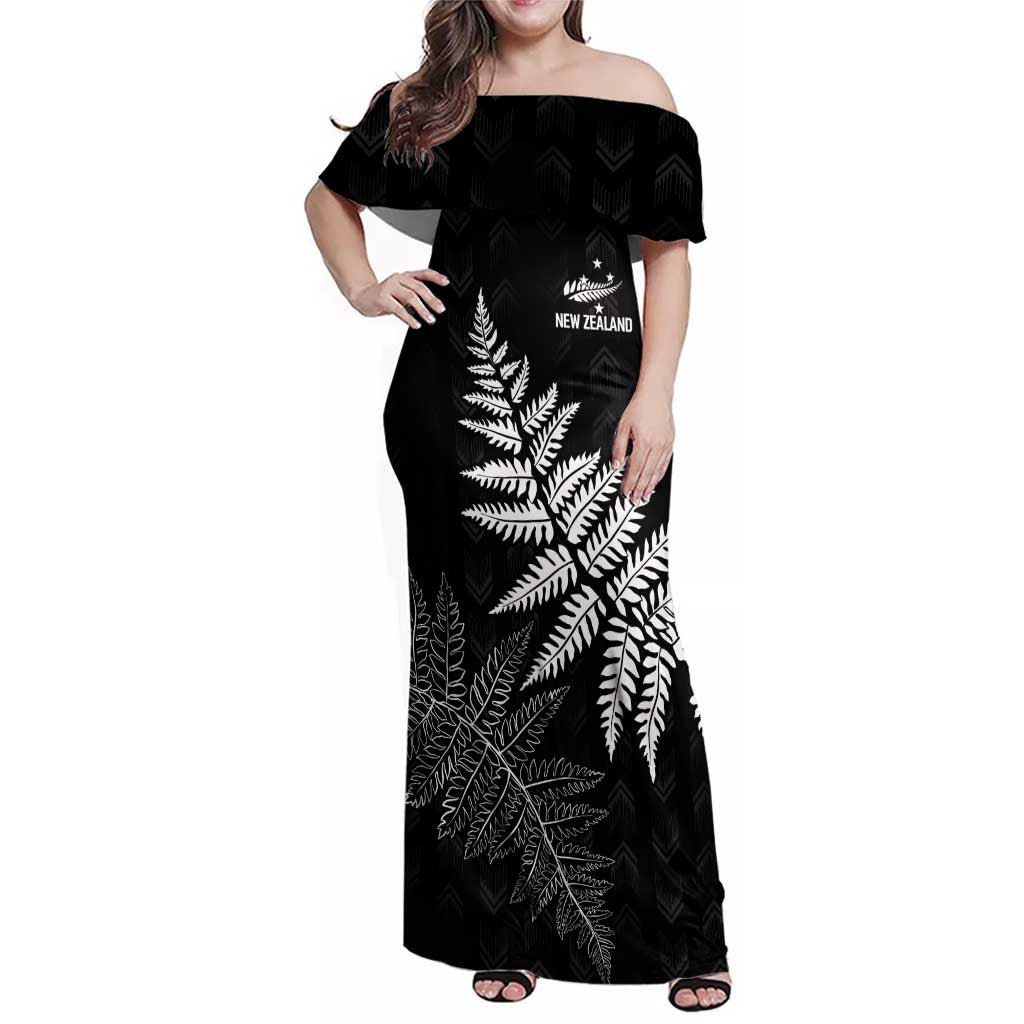 New Zealand Lawn Bowls Personalized Family Matching Off Shoulder Maxi Dress and Hawaiian Shirt Wrap-Around Silver Fern LT7 Mom's Dress Black - Polynesian Pride
