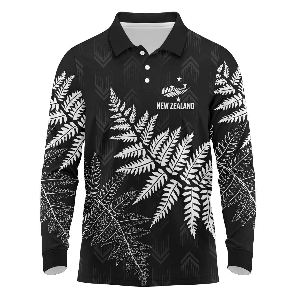 New Zealand Lawn Bowls Personalized Long Sleeve Polo Shirt Wrap-Around Silver Fern LT7 Black - Polynesian Pride