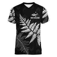 New Zealand Lawn Bowls Personalized Women V-Neck T-Shirt Wrap-Around Silver Fern LT7 Female Black - Polynesian Pride