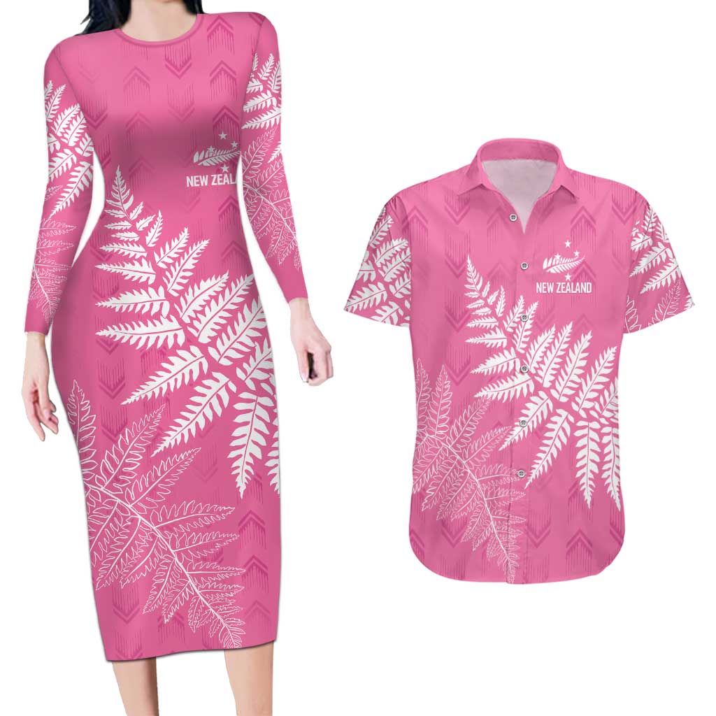 New Zealand Lawn Bowls Breast Cancer Personalized Couples Matching Long Sleeve Bodycon Dress and Hawaiian Shirt Wrap-Around Silver Fern LT7 Pink - Polynesian Pride