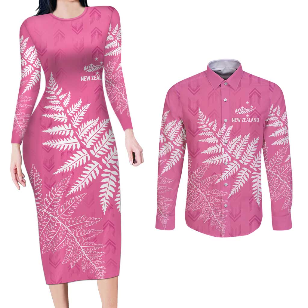New Zealand Lawn Bowls Breast Cancer Personalized Couples Matching Long Sleeve Bodycon Dress and Long Sleeve Button Shirt Wrap-Around Silver Fern LT7 Pink - Polynesian Pride