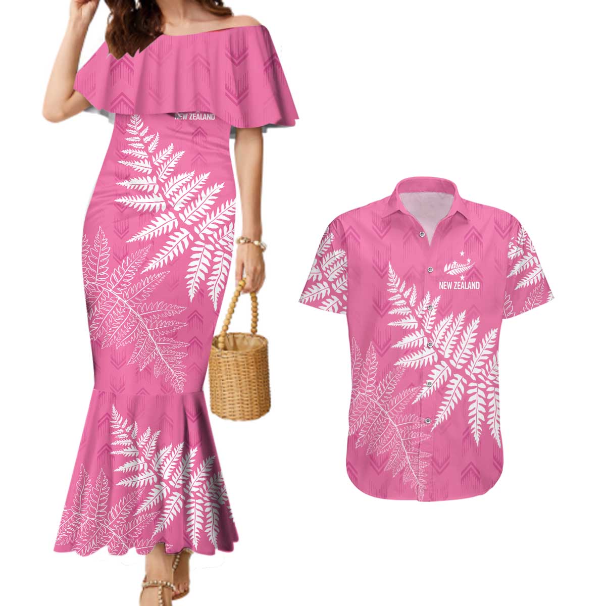 New Zealand Lawn Bowls Breast Cancer Personalized Couples Matching Mermaid Dress and Hawaiian Shirt Wrap-Around Silver Fern LT7 Pink - Polynesian Pride