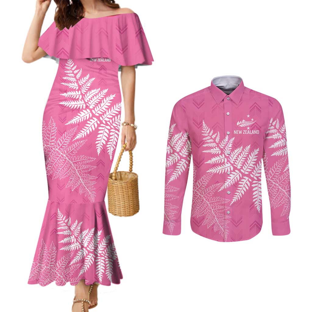 New Zealand Lawn Bowls Breast Cancer Personalized Couples Matching Mermaid Dress and Long Sleeve Button Shirt Wrap-Around Silver Fern LT7 Pink - Polynesian Pride