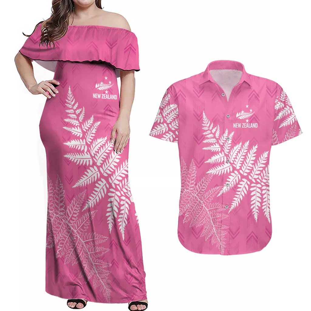 New Zealand Lawn Bowls Breast Cancer Personalized Couples Matching Off Shoulder Maxi Dress and Hawaiian Shirt Wrap-Around Silver Fern - Polynesian Pride