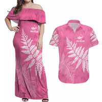 New Zealand Lawn Bowls Breast Cancer Personalized Couples Matching Off Shoulder Maxi Dress and Hawaiian Shirt Wrap-Around Silver Fern LT7 Pink - Polynesian Pride