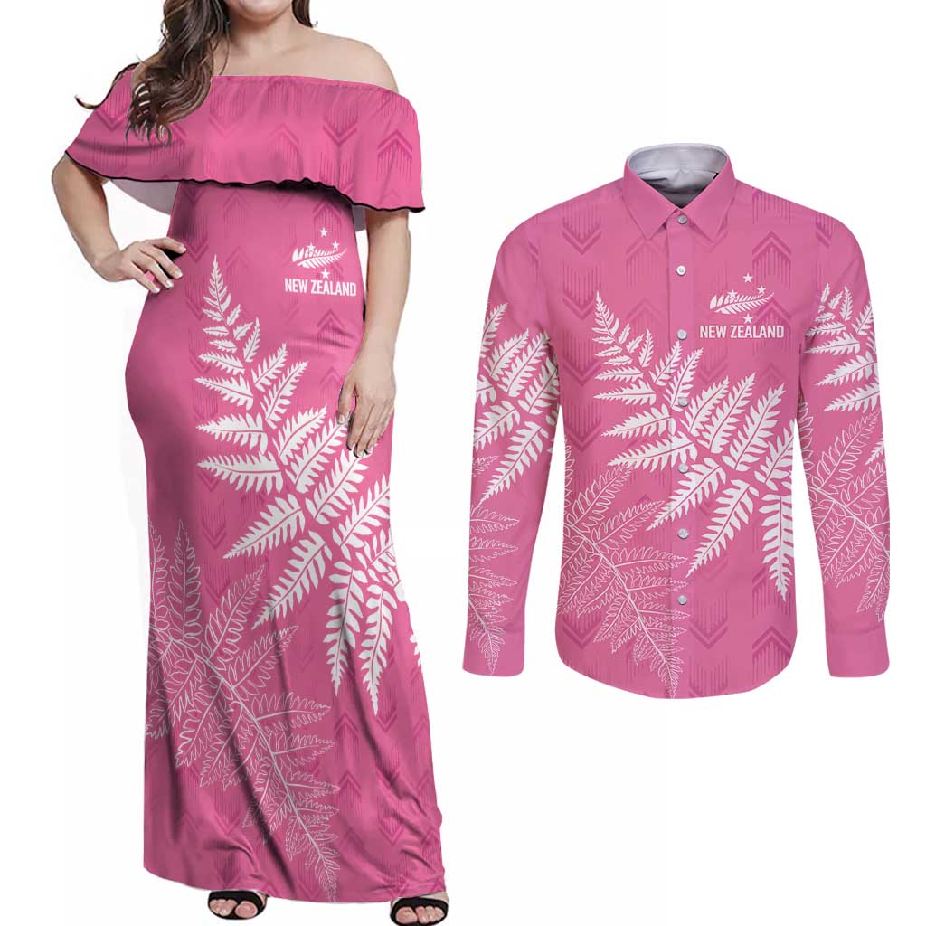 New Zealand Lawn Bowls Breast Cancer Personalized Couples Matching Off Shoulder Maxi Dress and Long Sleeve Button Shirt Wrap-Around Silver Fern LT7 Pink - Polynesian Pride