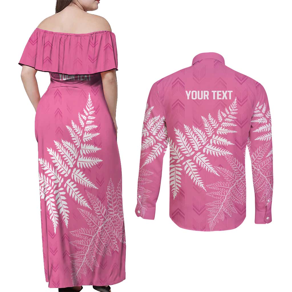 New Zealand Lawn Bowls Breast Cancer Personalized Couples Matching Off Shoulder Maxi Dress and Long Sleeve Button Shirt Wrap-Around Silver Fern LT7 - Polynesian Pride