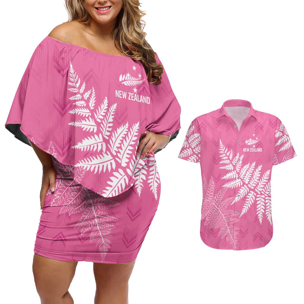 New Zealand Lawn Bowls Breast Cancer Personalized Couples Matching Off Shoulder Short Dress and Hawaiian Shirt Wrap-Around Silver Fern - Polynesian Pride
