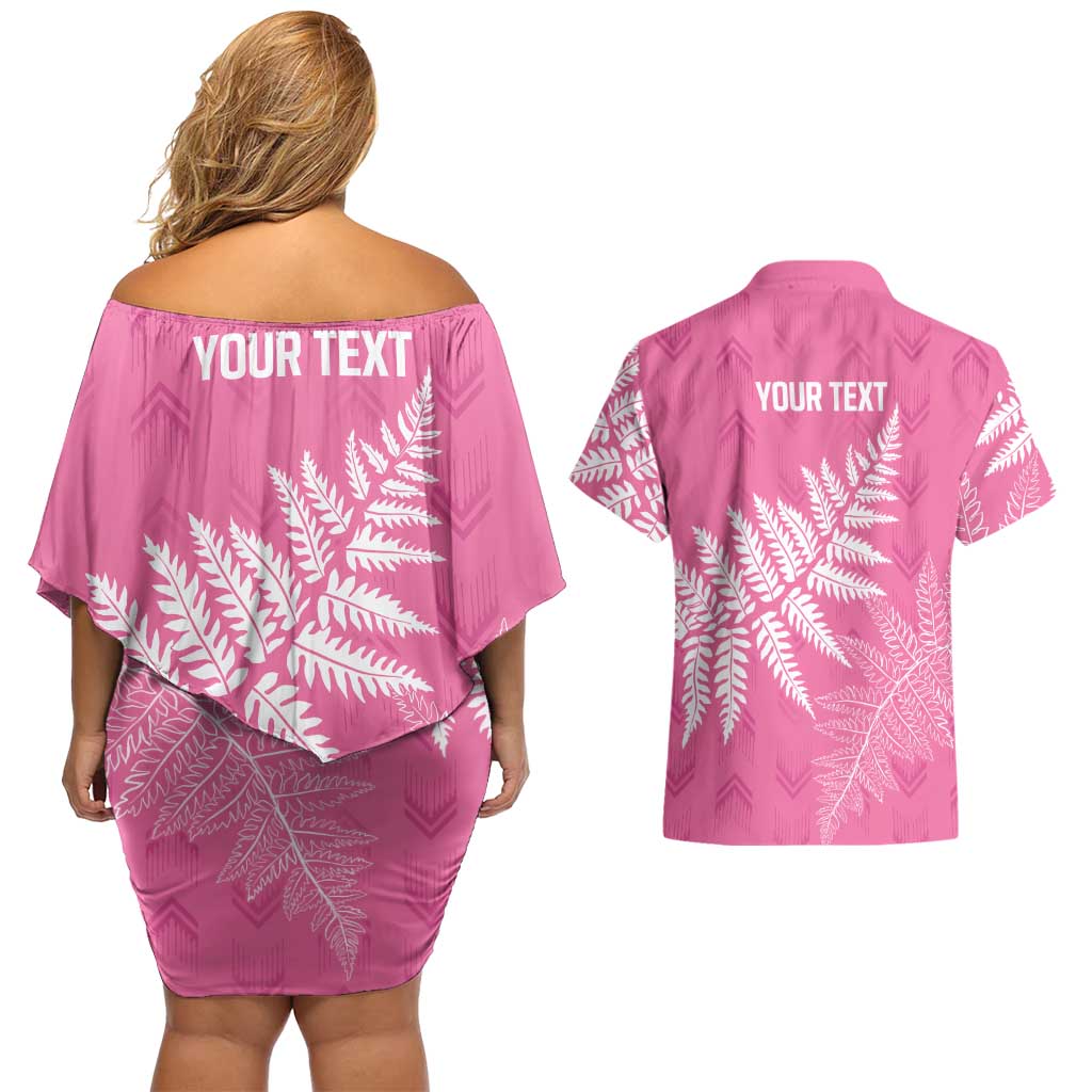 New Zealand Lawn Bowls Breast Cancer Personalized Couples Matching Off Shoulder Short Dress and Hawaiian Shirt Wrap-Around Silver Fern LT7 - Polynesian Pride