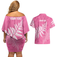 New Zealand Lawn Bowls Breast Cancer Personalized Couples Matching Off Shoulder Short Dress and Hawaiian Shirt Wrap-Around Silver Fern LT7 - Polynesian Pride