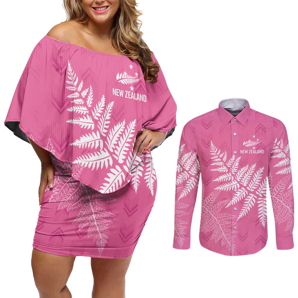 New Zealand Lawn Bowls Breast Cancer Personalized Couples Matching Off Shoulder Short Dress and Long Sleeve Button Shirt Wrap-Around Silver Fern LT7 Pink - Polynesian Pride