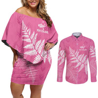 New Zealand Lawn Bowls Breast Cancer Personalized Couples Matching Off Shoulder Short Dress and Long Sleeve Button Shirt Wrap-Around Silver Fern LT7 Pink - Polynesian Pride