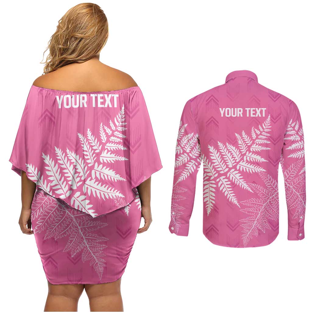 New Zealand Lawn Bowls Breast Cancer Personalized Couples Matching Off Shoulder Short Dress and Long Sleeve Button Shirt Wrap-Around Silver Fern LT7 - Polynesian Pride