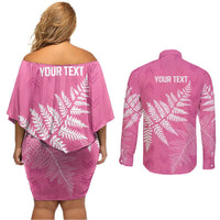 New Zealand Lawn Bowls Breast Cancer Personalized Couples Matching Off Shoulder Short Dress and Long Sleeve Button Shirt Wrap-Around Silver Fern LT7 - Polynesian Pride