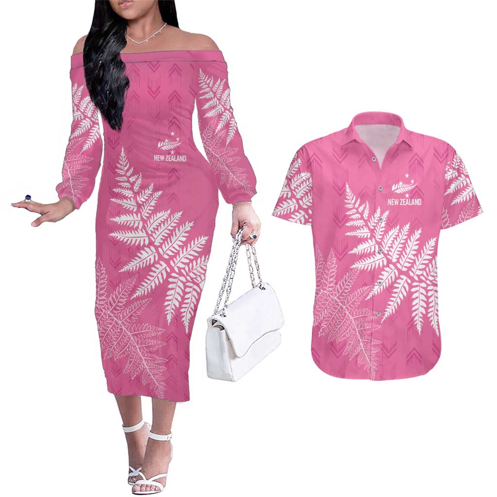 New Zealand Lawn Bowls Breast Cancer Personalized Couples Matching Off The Shoulder Long Sleeve Dress and Hawaiian Shirt Wrap-Around Silver Fern LT7 Pink - Polynesian Pride