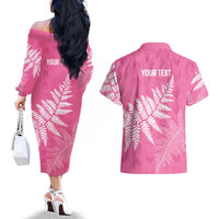 New Zealand Lawn Bowls Breast Cancer Personalized Couples Matching Off The Shoulder Long Sleeve Dress and Hawaiian Shirt Wrap-Around Silver Fern LT7 - Polynesian Pride