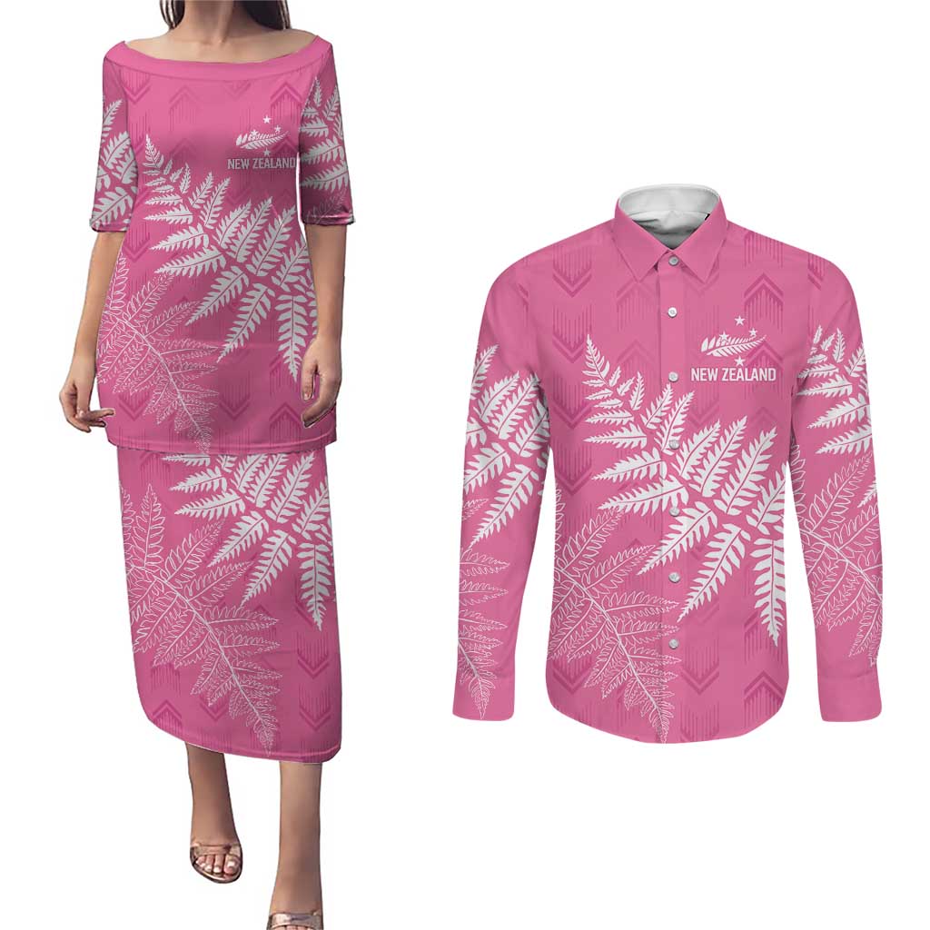 New Zealand Lawn Bowls Breast Cancer Personalized Couples Matching Puletasi and Long Sleeve Button Shirt Wrap-Around Silver Fern LT7 Pink - Polynesian Pride