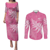 New Zealand Lawn Bowls Breast Cancer Personalized Couples Matching Puletasi and Long Sleeve Button Shirt Wrap-Around Silver Fern LT7 Pink - Polynesian Pride