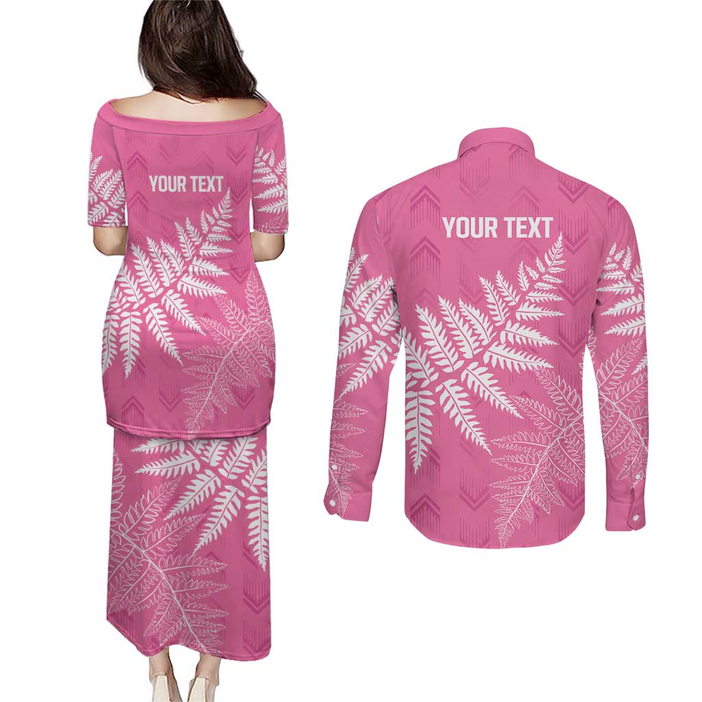 New Zealand Lawn Bowls Breast Cancer Personalized Couples Matching Puletasi and Long Sleeve Button Shirt Wrap-Around Silver Fern LT7 - Polynesian Pride