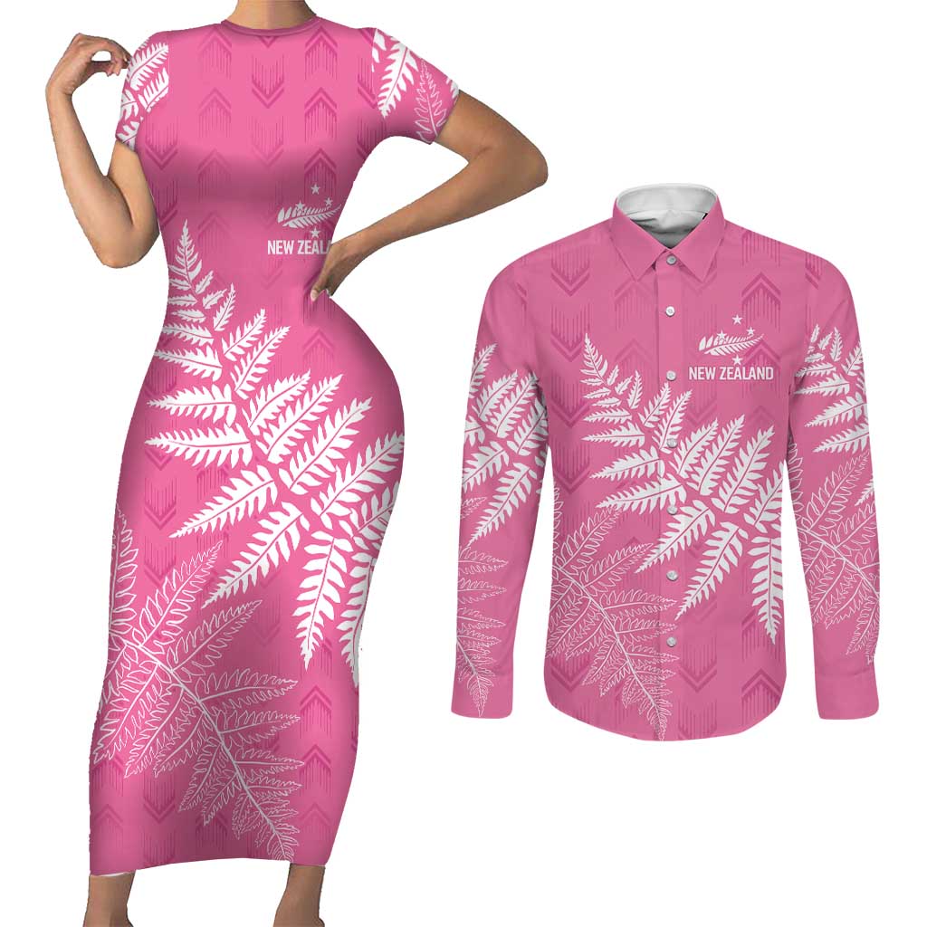 New Zealand Lawn Bowls Breast Cancer Personalized Couples Matching Short Sleeve Bodycon Dress and Long Sleeve Button Shirt Wrap-Around Silver Fern LT7 Pink - Polynesian Pride