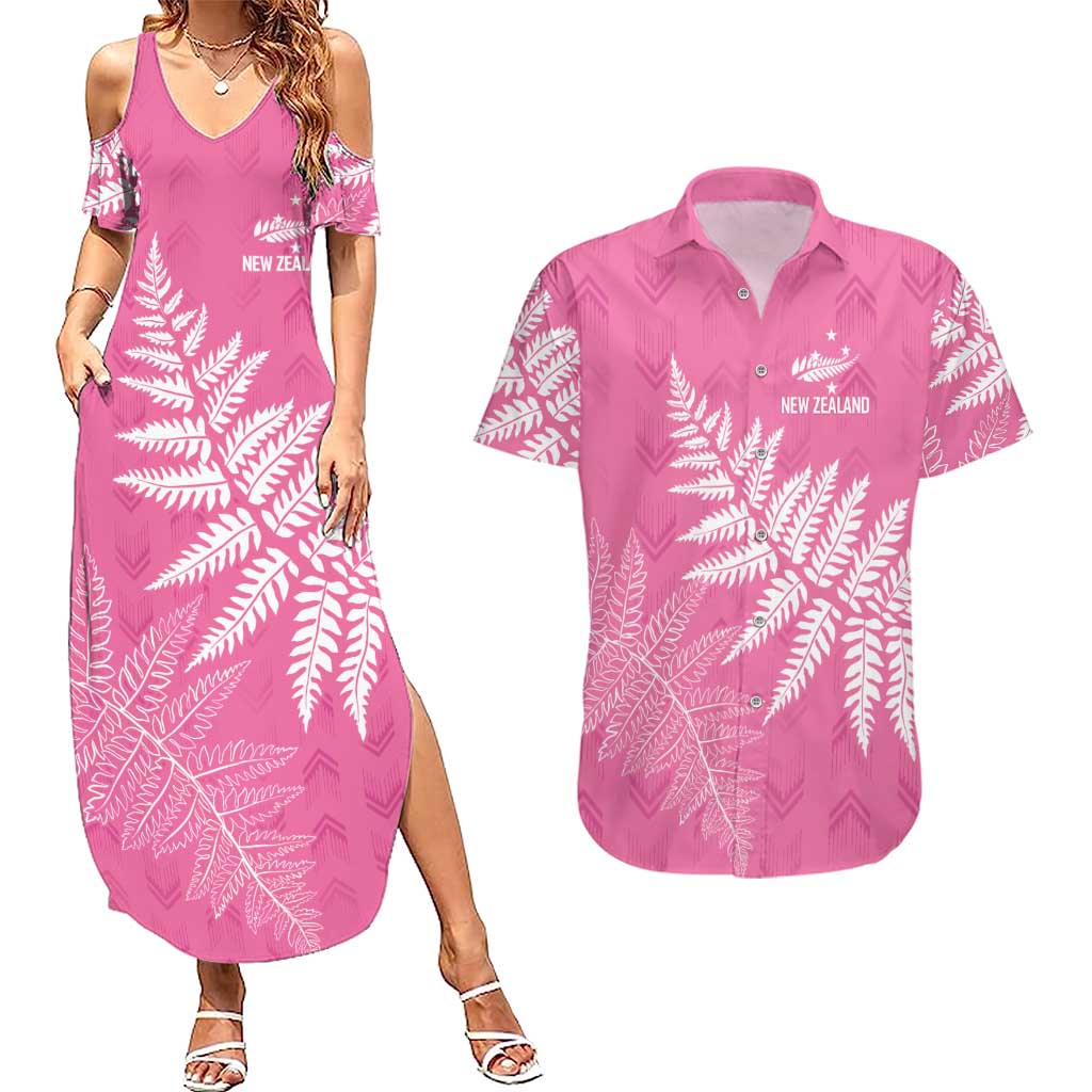 New Zealand Lawn Bowls Breast Cancer Personalized Couples Matching Summer Maxi Dress and Hawaiian Shirt Wrap-Around Silver Fern - Polynesian Pride