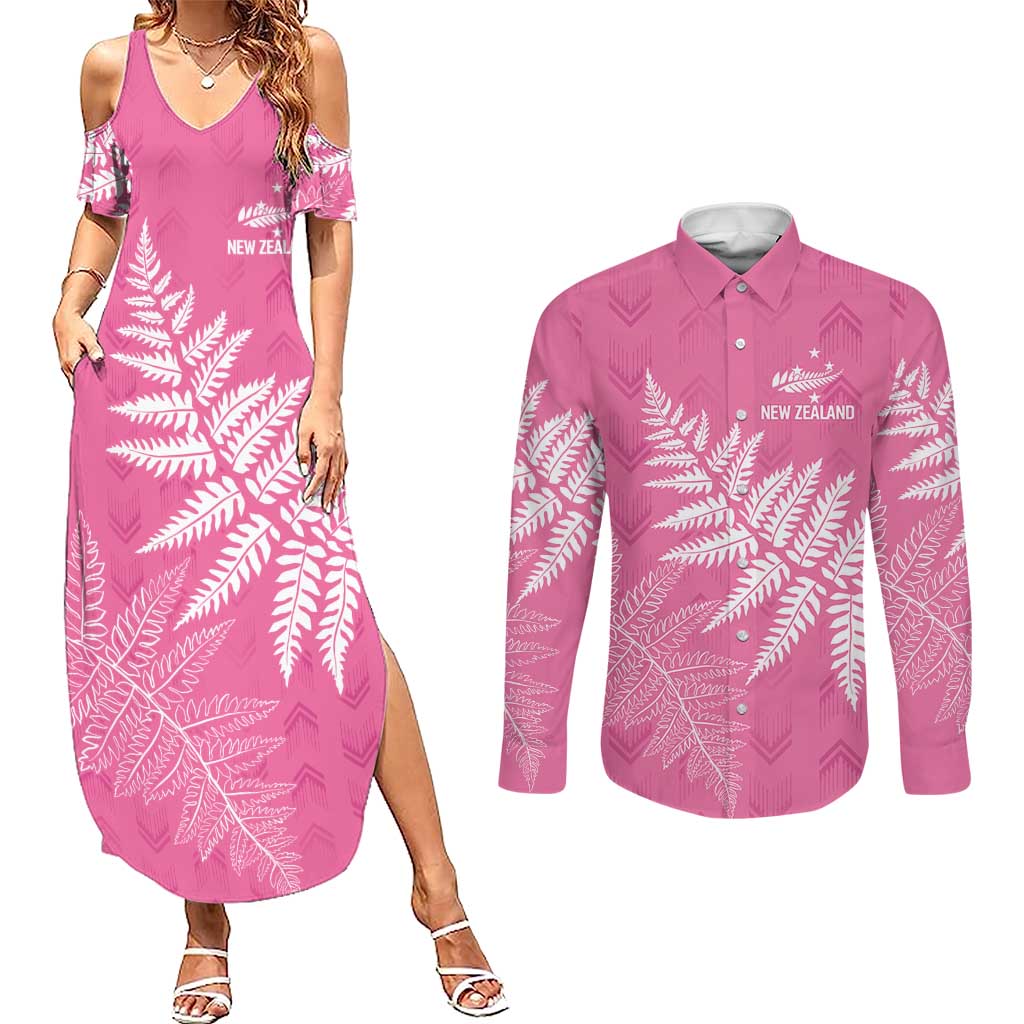 New Zealand Lawn Bowls Breast Cancer Personalized Couples Matching Summer Maxi Dress and Long Sleeve Button Shirt Wrap-Around Silver Fern LT7 Pink - Polynesian Pride