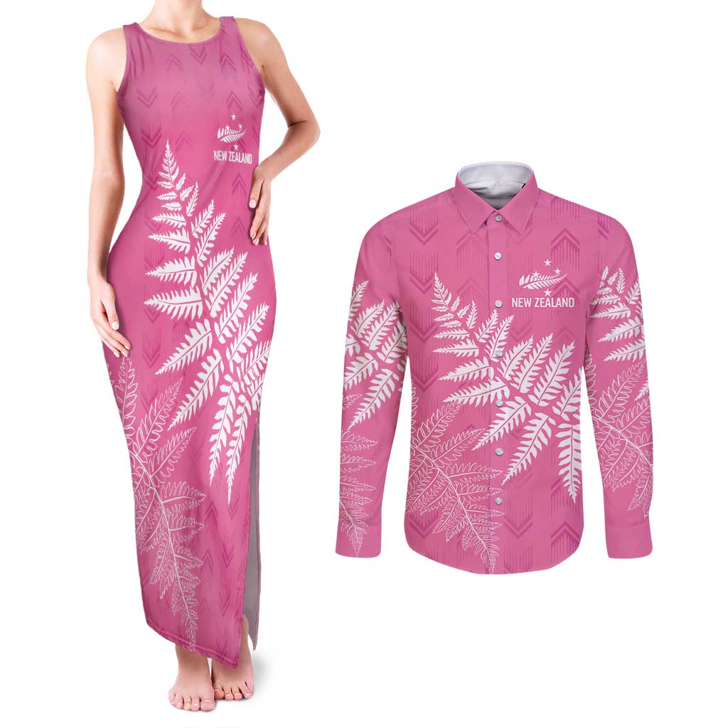 New Zealand Lawn Bowls Breast Cancer Personalized Couples Matching Tank Maxi Dress and Long Sleeve Button Shirt Wrap-Around Silver Fern LT7 Pink - Polynesian Pride