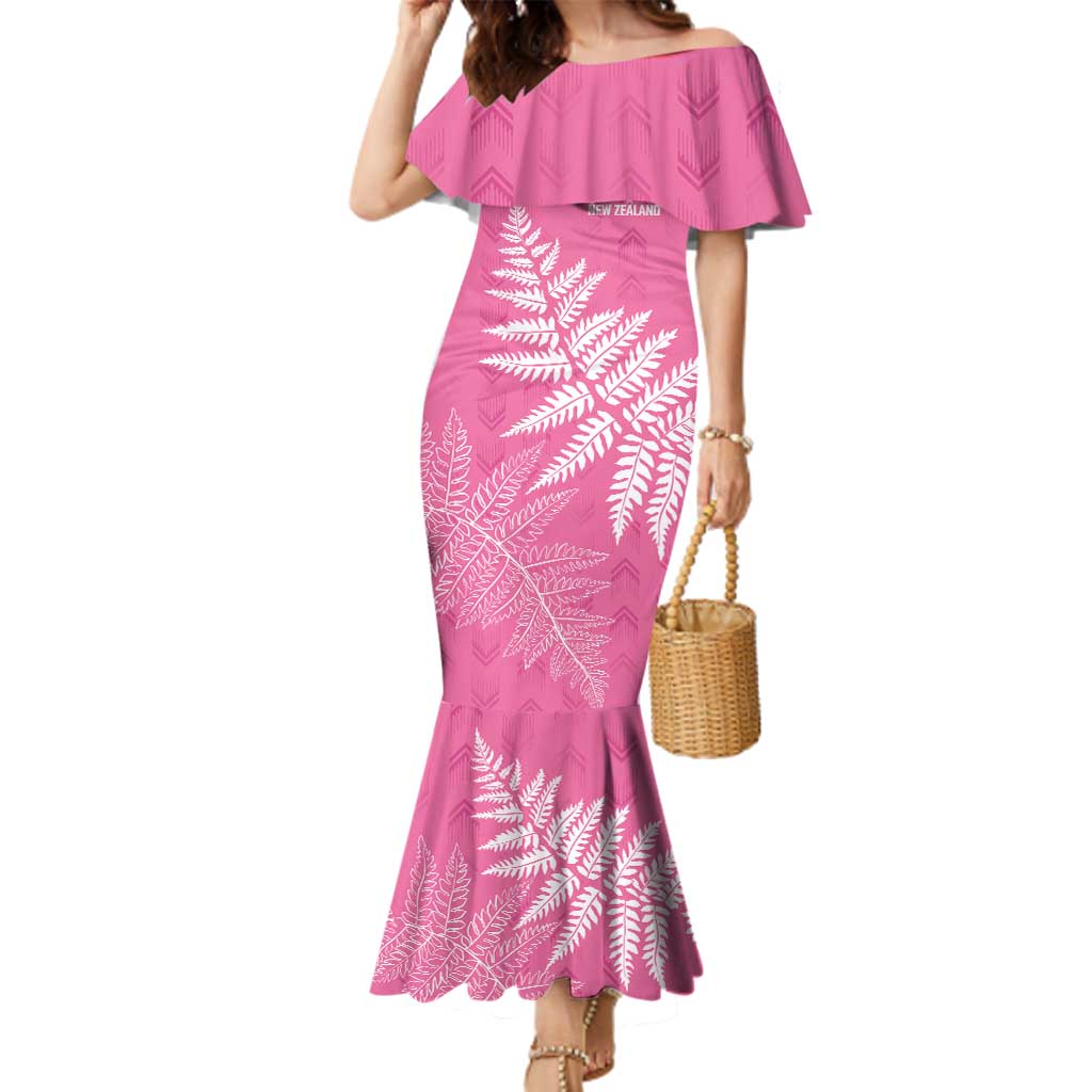 New Zealand Lawn Bowls Breast Cancer Personalized Family Matching Mermaid Dress and Hawaiian Shirt Wrap-Around Silver Fern LT7 Mom's Dress Pink - Polynesian Pride