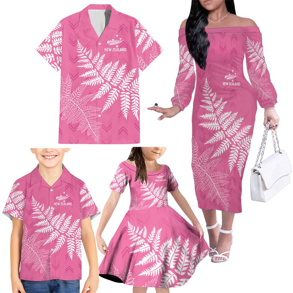 New Zealand Lawn Bowls Breast Cancer Personalized Family Matching Off The Shoulder Long Sleeve Dress and Hawaiian Shirt Wrap-Around Silver Fern LT7 - Polynesian Pride