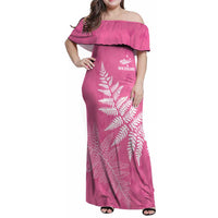 New Zealand Lawn Bowls Breast Cancer Personalized Family Matching Off Shoulder Maxi Dress and Hawaiian Shirt Wrap-Around Silver Fern LT7 Mom's Dress Pink - Polynesian Pride