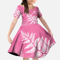 New Zealand Lawn Bowls Breast Cancer Personalized Family Matching Off Shoulder Short Dress and Hawaiian Shirt Wrap-Around Silver Fern LT7 Daughter's Dress Pink - Polynesian Pride