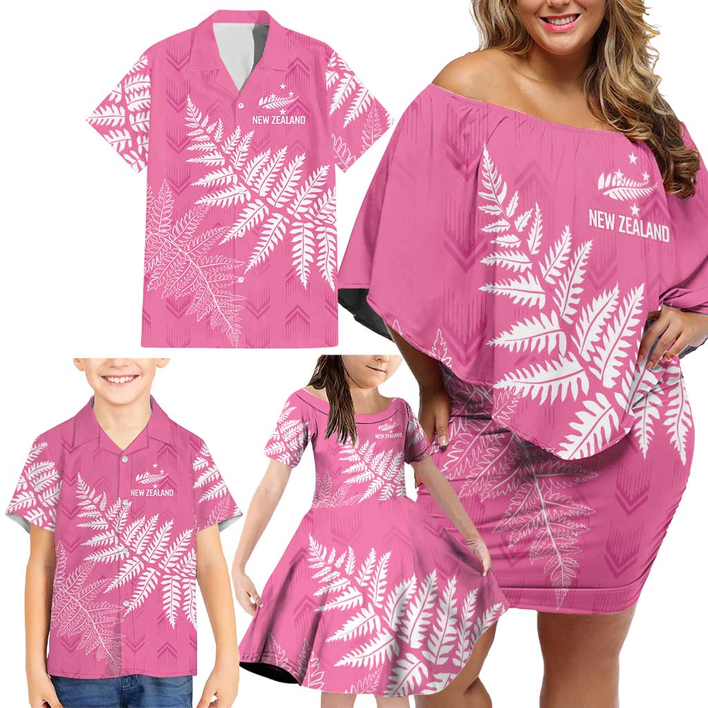 New Zealand Lawn Bowls Breast Cancer Personalized Family Matching Off Shoulder Short Dress and Hawaiian Shirt Wrap-Around Silver Fern - Polynesian Pride