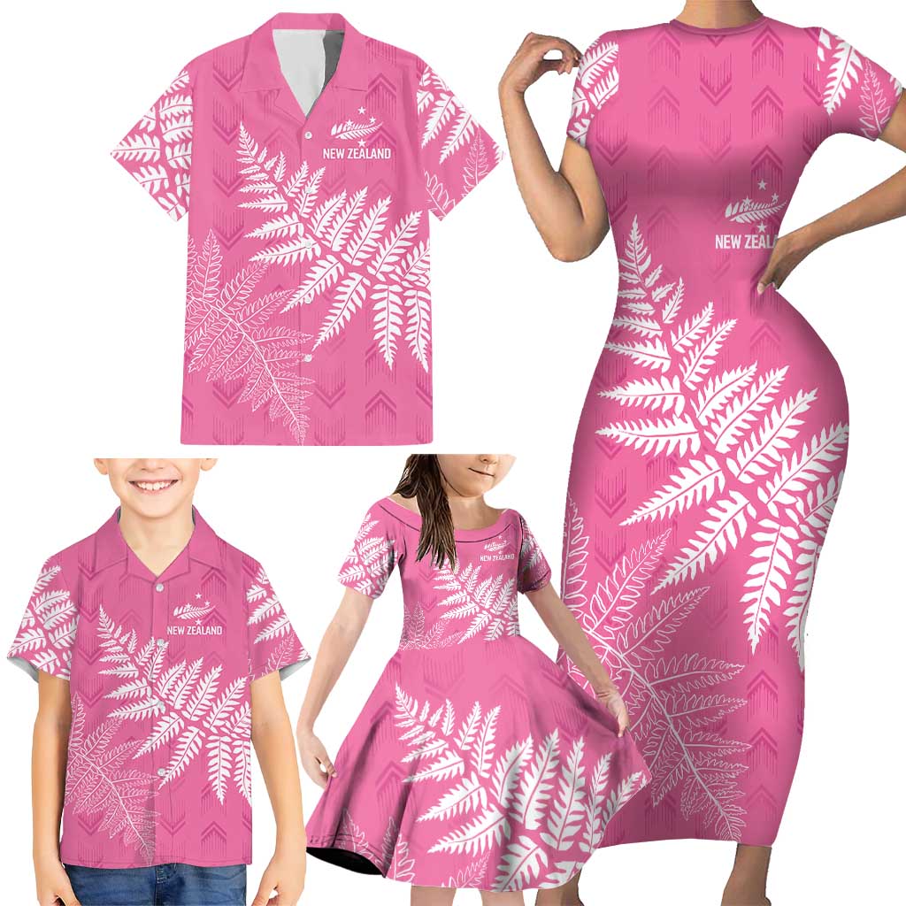 New Zealand Lawn Bowls Breast Cancer Personalized Family Matching Short Sleeve Bodycon Dress and Hawaiian Shirt Wrap-Around Silver Fern - Polynesian Pride