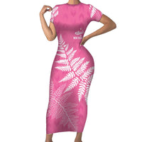 New Zealand Lawn Bowls Breast Cancer Personalized Family Matching Short Sleeve Bodycon Dress and Hawaiian Shirt Wrap-Around Silver Fern LT7 Mom's Dress Pink - Polynesian Pride