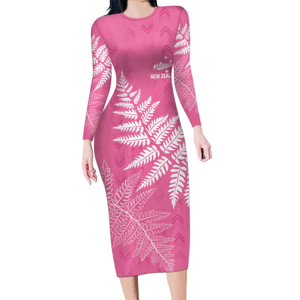 New Zealand Lawn Bowls Breast Cancer Personalized Long Sleeve Bodycon Dress Wrap-Around Silver Fern LT7 Long Dress Pink - Polynesian Pride