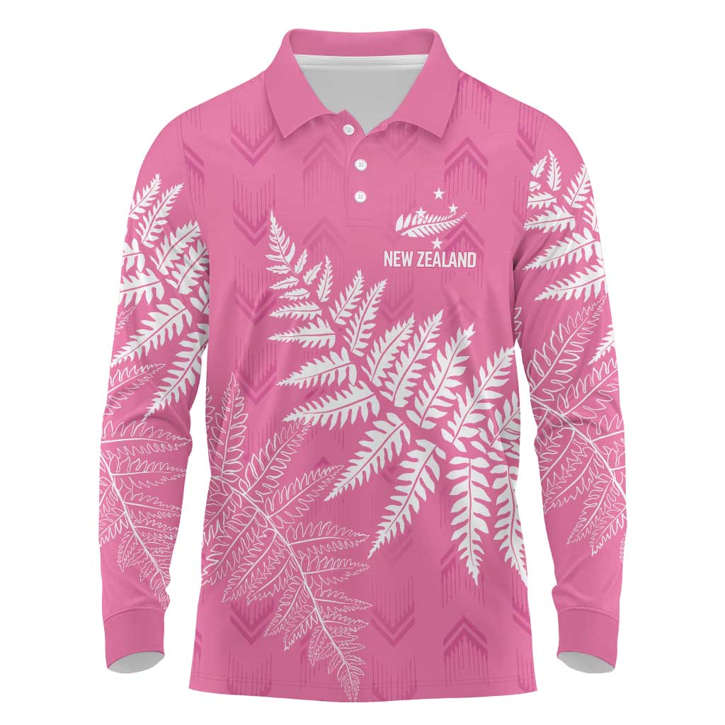 New Zealand Lawn Bowls Breast Cancer Personalized Long Sleeve Polo Shirt Wrap-Around Silver Fern LT7 Pink - Polynesian Pride