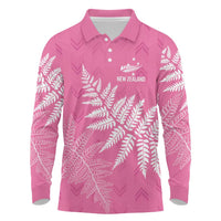 New Zealand Lawn Bowls Breast Cancer Personalized Long Sleeve Polo Shirt Wrap-Around Silver Fern LT7 Pink - Polynesian Pride