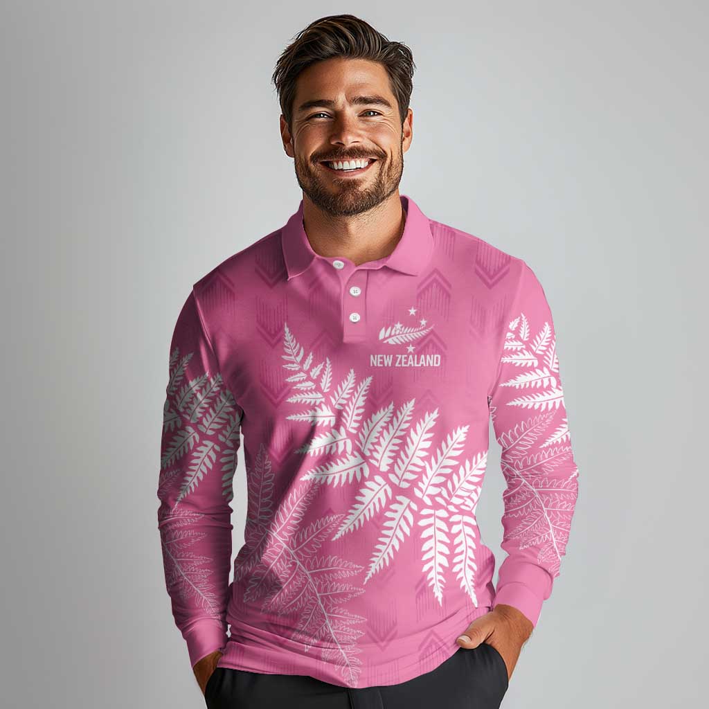 New Zealand Lawn Bowls Breast Cancer Personalized Long Sleeve Polo Shirt Wrap-Around Silver Fern LT7 - Polynesian Pride