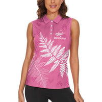 New Zealand Lawn Bowls Breast Cancer Personalized Women Sleeveless Polo Shirt Wrap-Around Silver Fern LT7 - Polynesian Pride