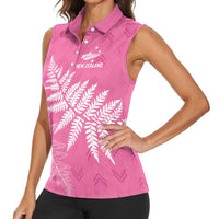 New Zealand Lawn Bowls Breast Cancer Personalized Women Sleeveless Polo Shirt Wrap-Around Silver Fern LT7 - Polynesian Pride