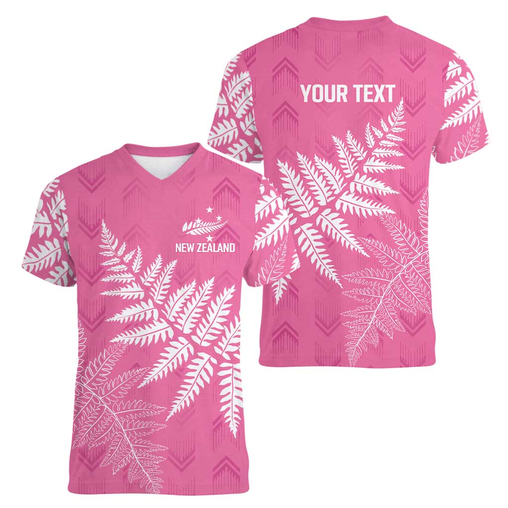 New Zealand Lawn Bowls Breast Cancer Personalized Women V-Neck T-Shirt Wrap-Around Silver Fern LT7 - Polynesian Pride