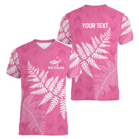 New Zealand Lawn Bowls Breast Cancer Personalized Women V-Neck T-Shirt Wrap-Around Silver Fern LT7 - Polynesian Pride