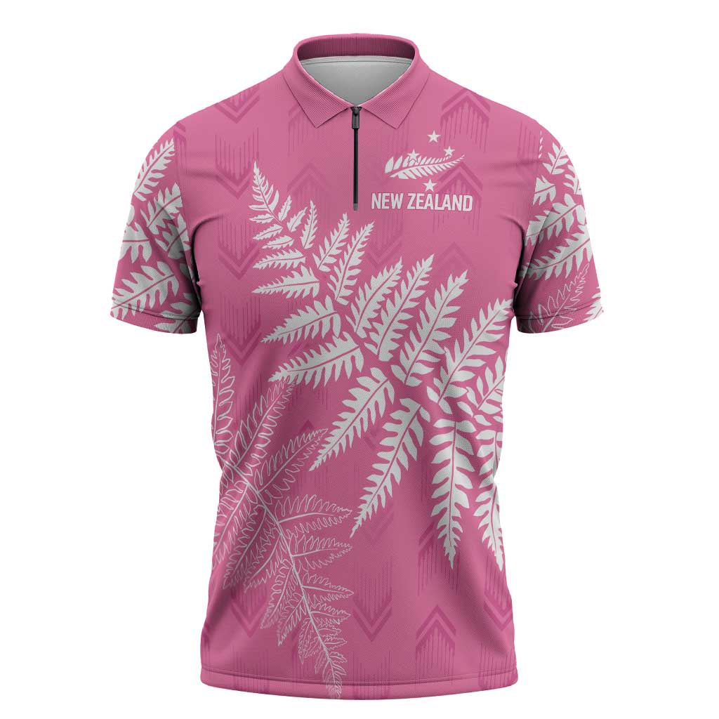 New Zealand Lawn Bowls Breast Cancer Personalized Zipper Polo Shirt Wrap-Around Silver Fern LT7 Pink - Polynesian Pride