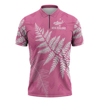New Zealand Lawn Bowls Breast Cancer Personalized Zipper Polo Shirt Wrap-Around Silver Fern LT7 Pink - Polynesian Pride