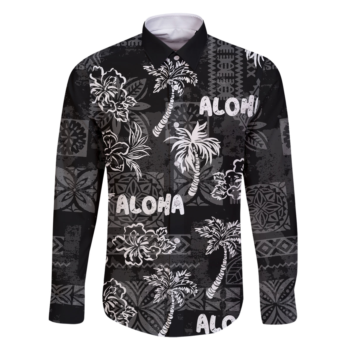 Aloha Vintage Quilt Family Matching Mermaid Dress and Hawaiian Shirt Hawaiian Seamless - Black LT7 Dad's Shirt - Long Sleeve Black - Polynesian Pride