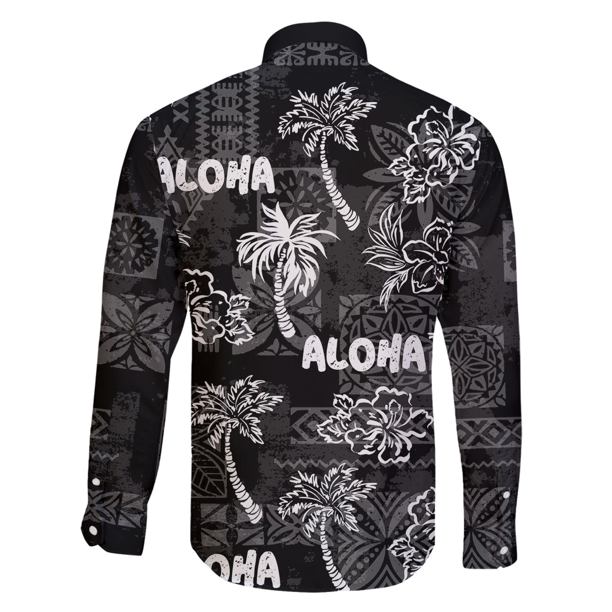 Aloha Vintage Quilt Family Matching Off Shoulder Long Sleeve Dress and Hawaiian Shirt Hawaiian Seamless - Black LT7 - Polynesian Pride