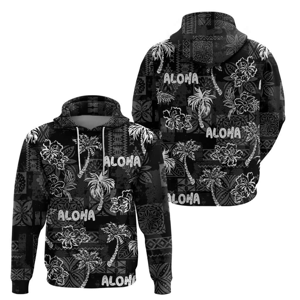 Aloha Vintage Quilt Zip Hoodie Hawaiian Seamless - Black LT7 - Polynesian Pride